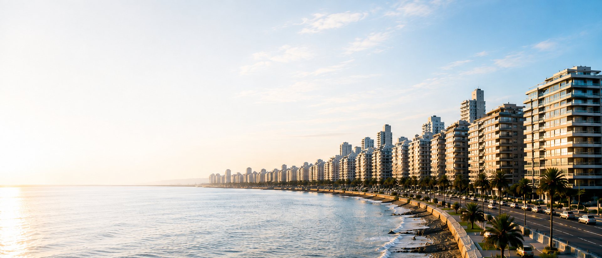 Vista de la rambla de Montevideo con edificios frente al agua al atardecer